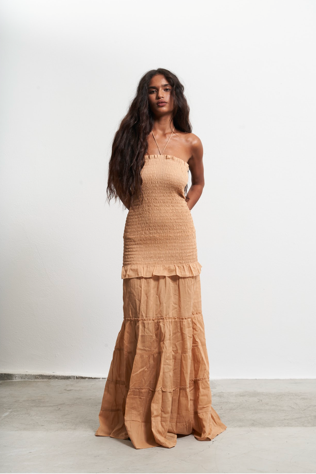 camel long dress Lana Smocked Maxi Dress